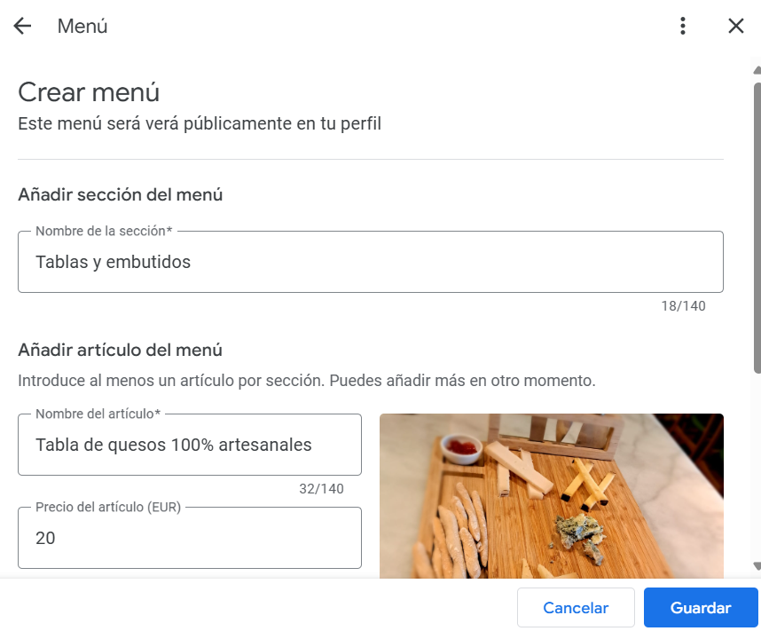 Crear menú en Google My Business