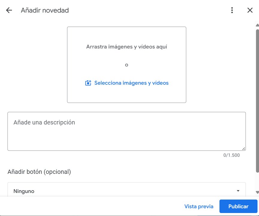 Elementos a cubrir en Añadir Novedad en Google My Business