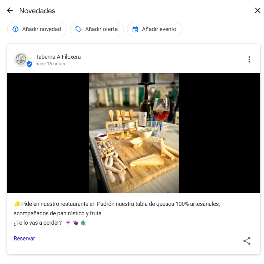 Novedades publicadas en Google My Business con botón de reservas