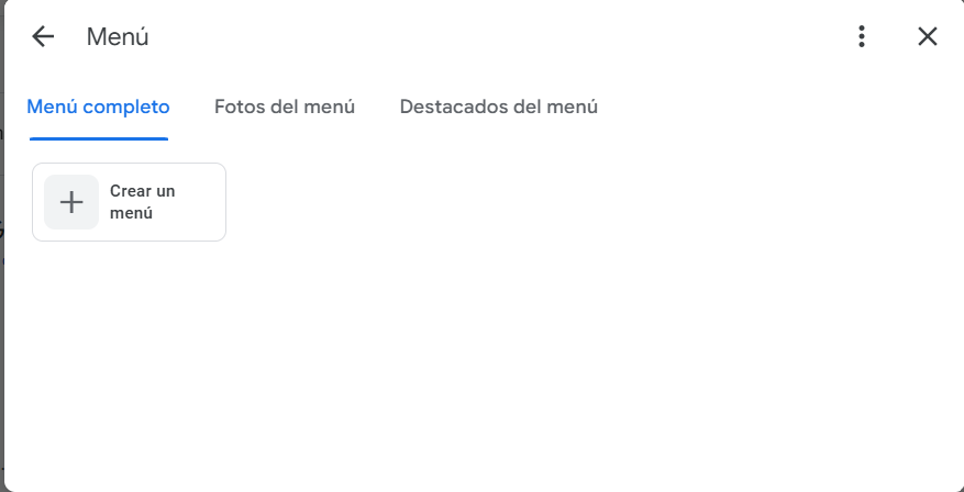 sección menú en Google My Business